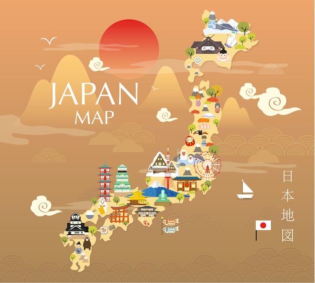 平らなイラストの日本旅行地図。