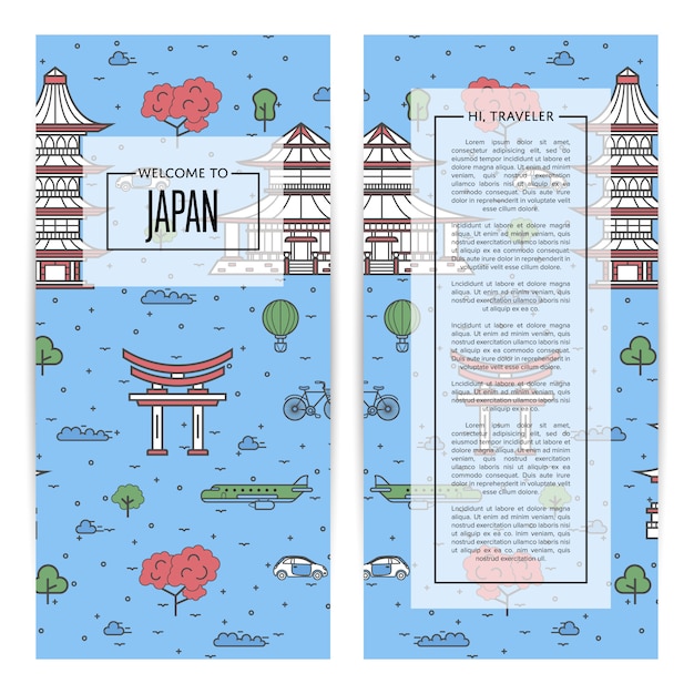 Туристические листовки в японии, установленные в линейном стиле