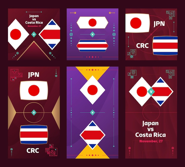 Vector japan vs costa rica match world football 2022 vertical and square banner set for social media 2022