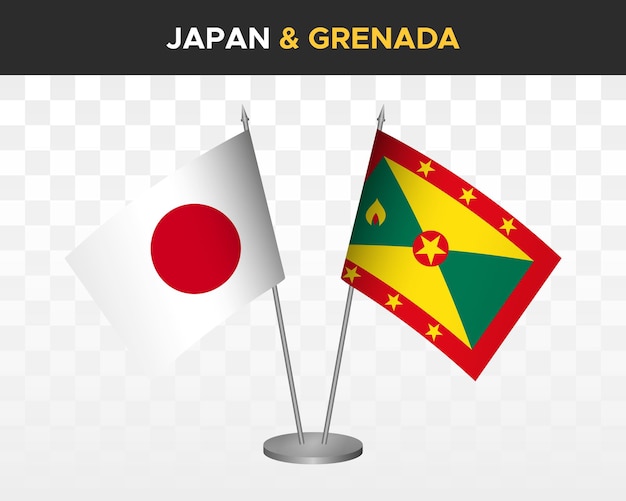 Japan vs grenada bureau vlaggen mockup geïsoleerde 3d vector illustratie japanse tafel vlaggen