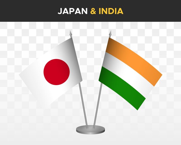 Japan vs india desk flags mockup isolated 3d vector illustration japanese table flags