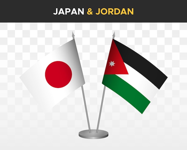 Japan vs jordanië bureau vlaggen mockup geïsoleerde 3d vector illustratie japanse tafel vlaggen