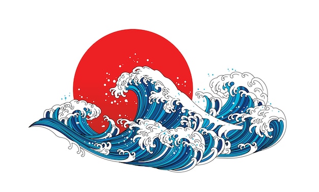 Japan wave ocean illustration. Asia and oriental traditional Hokusai line art design.