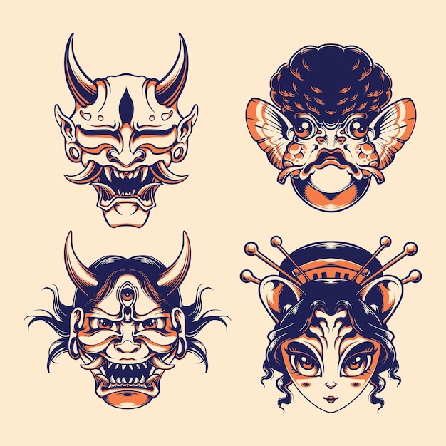 japanese angry mask vector set