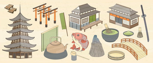 Japanese architectures and food in ukiyo-e style