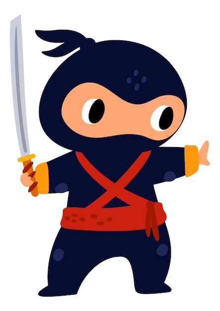 Japanese assassin character Cute masked katana warrior isolated on white background
