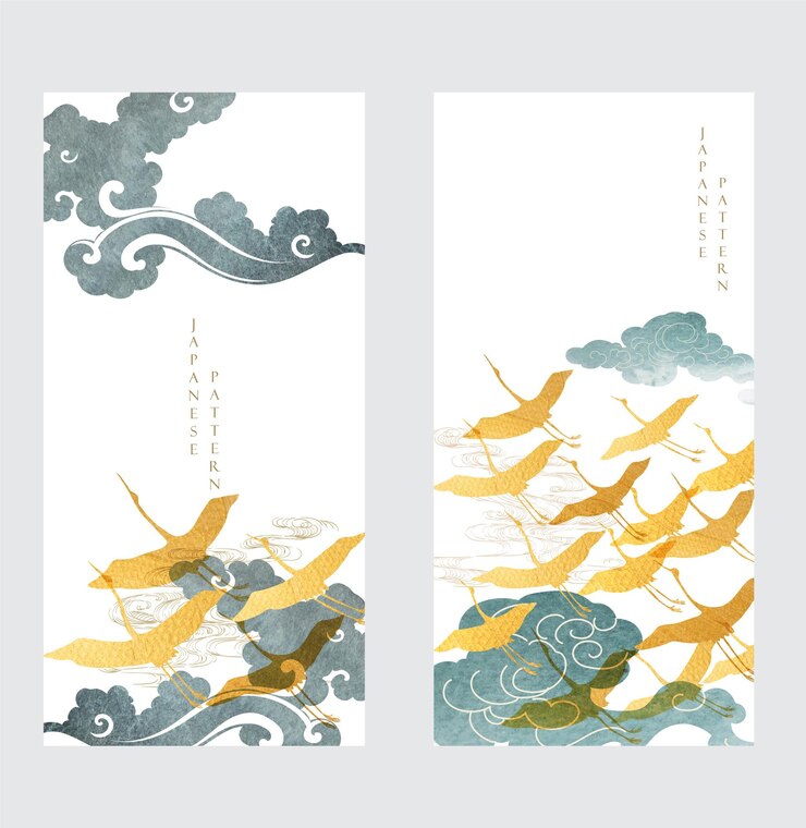 Vector 크레인 조류 또는 헤이론 요소 터와 함께 일본 배경 손으로 그려진 중국 구름 장식 빈티지 스타일 수채화 예술 추상적인 배너 디자인