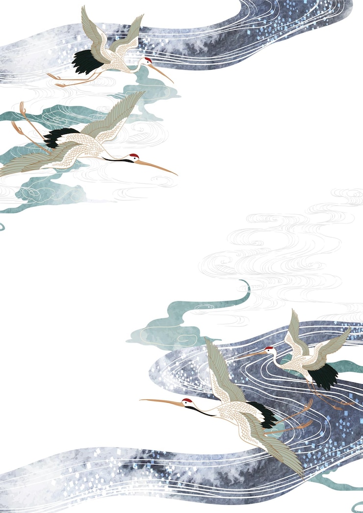 वेक्टर japanese background with crane birds or herons element vector hand drawn wave chinese cloud decorations in vintage style watercolor painting with art abstract banner design