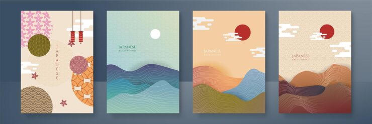 Vector 日本背景与线波图案向量 抽象模板与几何图案 东方风格的山地布局设计 矢量图形设计 横幅图案背景网页模板