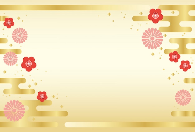 Japanese background with traditional flowers and clouds