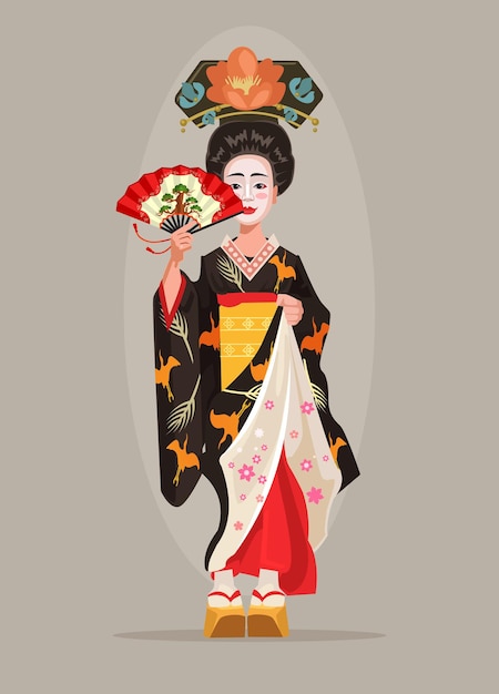 Vector japanese beautiful geisha character hold flat cartoon illustration