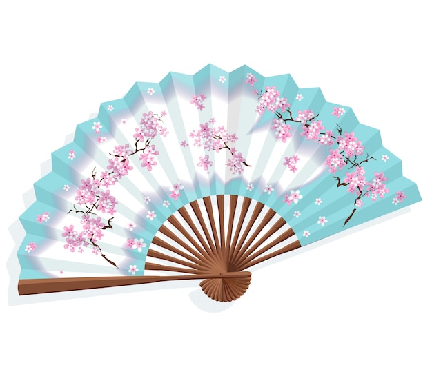 Vector japanese blue paper fan with sakura.