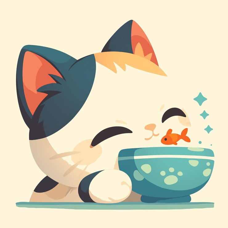 Vector japanese bobtail cat watching fish in a bowl