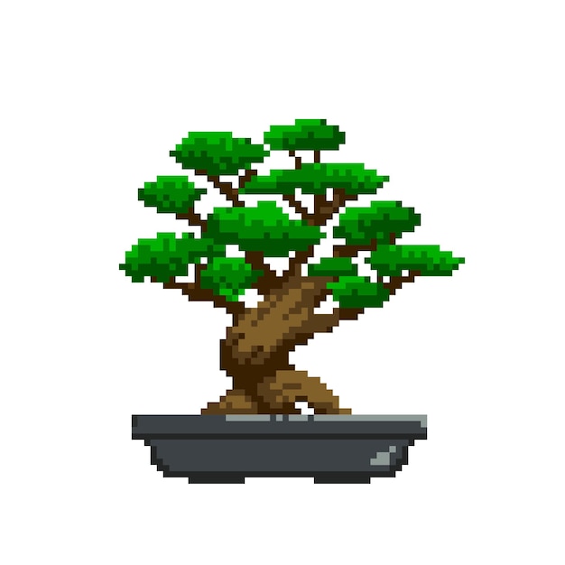 Vettore alberi bonsai giapponesi nello stile della pixel art bellissimo albero realistico albero in stile bonsai