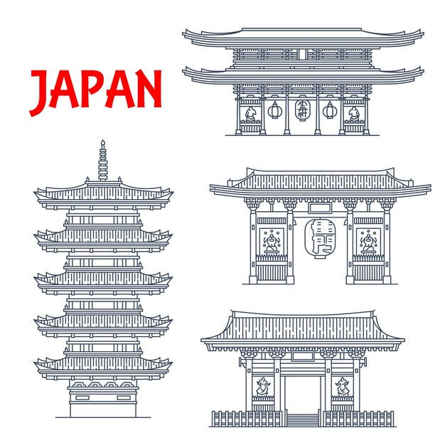 Japanese buddhist temple pagoda and gate icons