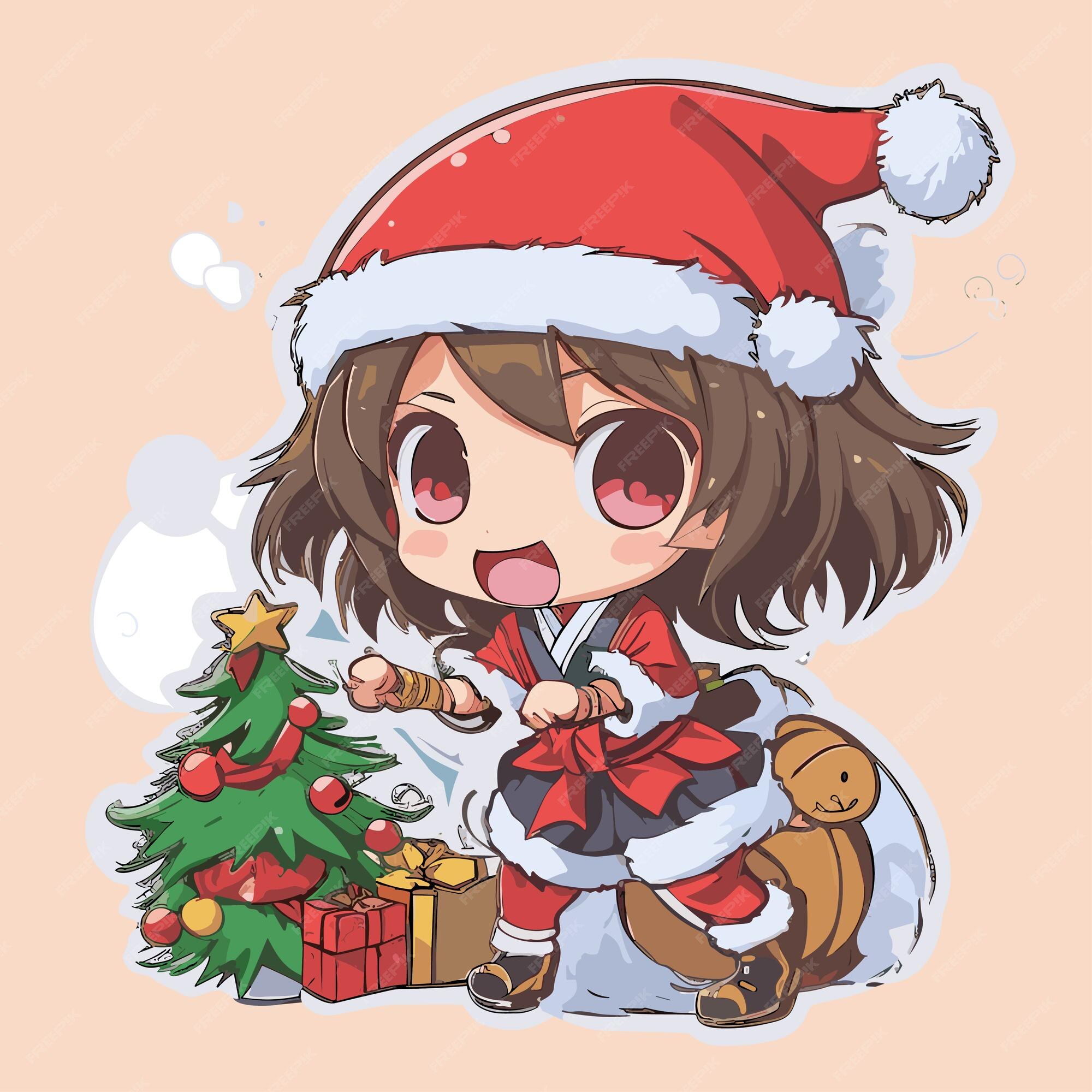 Premium Vector  Vector cute girl santa anime kawaii sticker for new year  and christmas illustration