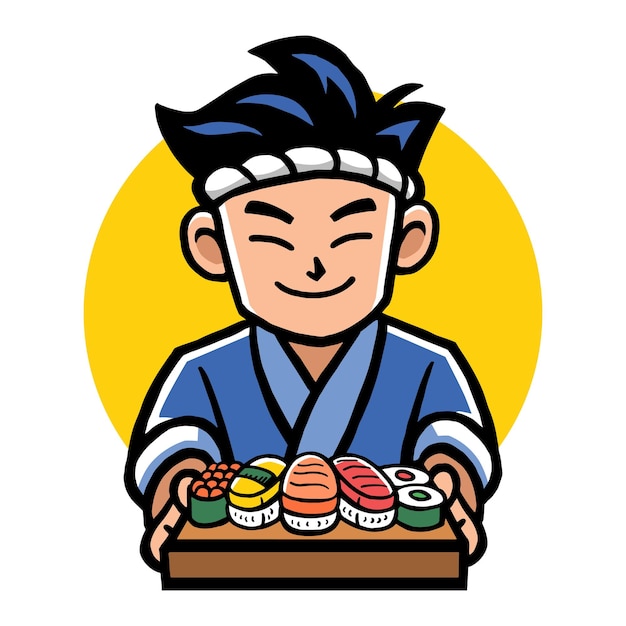 Vector japanese chef presents sushi cartoon style