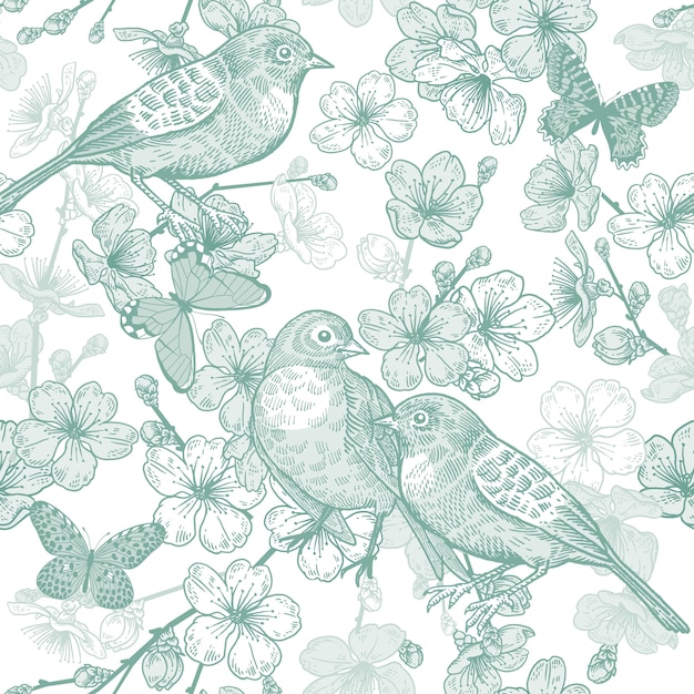 Ciliegio giapponese, uccelli e farfalle. modello senza soluzione di continuità verde e bianco