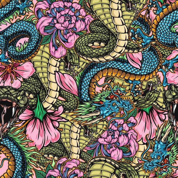 Japanese colorful vintage seamless pattern with poisonous snakes fantasy dragons chrysanthemum and sakura flowers