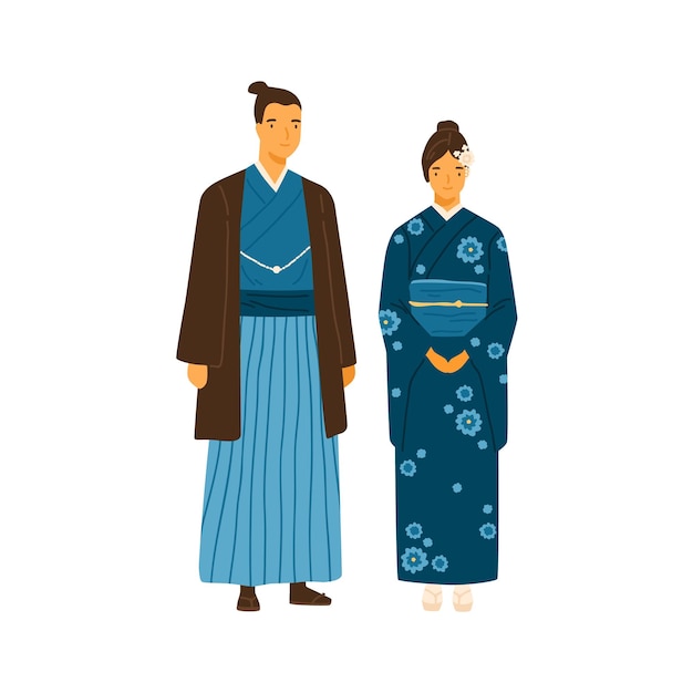 Vettore coppia giapponese che indossa costumi tradizionali. uomo e donna in abiti nazionali decorati yukata e hakama. giovane famiglia dal giappone in abiti popolari. illustrazione vettoriale piatta isolata su bianco.