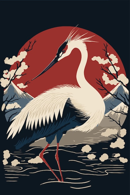 Japanese crane bird illustration in vector flat color style for art print