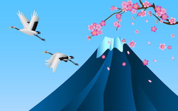 Japanese cranes flying over fuji mountain