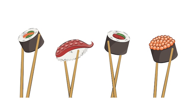 Japanese cuisine chopsticks with asian food for restaurant menus and posters delivery sites vector flat illustration isolated on white background sushi rolls onigiri soy sauce set stock picture