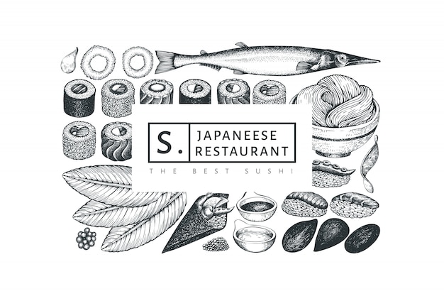 Vector japanese cuisine design template. retro style sian food background.