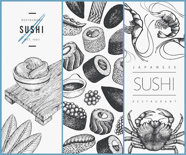 Вектор Шаблон оформления японской кухни. суши рисованной иллюстрации. ретро стиль азиатской пищи фон.
