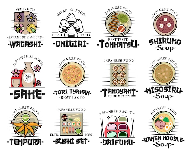 Japanese cuisine dishes icons of asian food