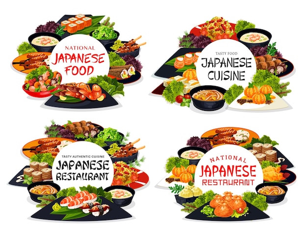 Vector japanese cuisine meals and dishes round banners