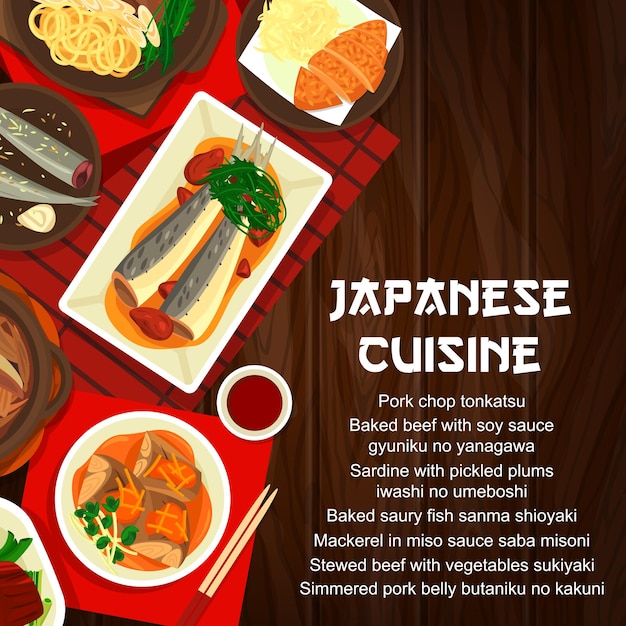 Japanese cuisine menu cover japan asian food bowls