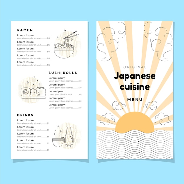 Vettore menu della cucina giapponese, menu del ristorante minimalista, menu del ristorante giapponese moderno, menu giapponese