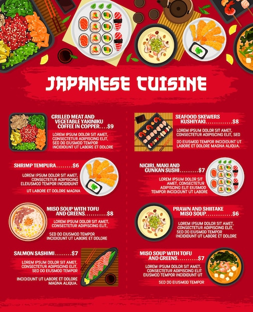 Japanese cuisine menu restaurant dishes and meals