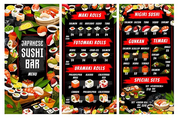 Menu di cucina giapponese vettore sushi e panini