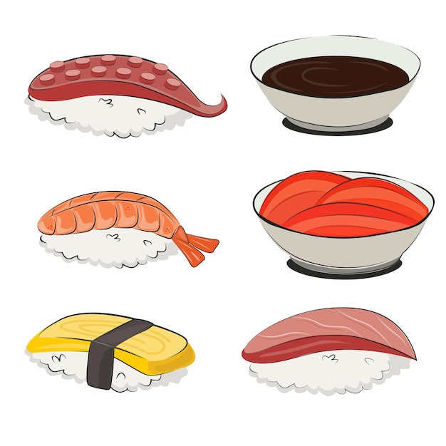 Japanese cuisine set of asian food for restaurant menus and posters delivery sites vector flat illustration isolated on white background sushi rolls onigiri soy sauce set stock picture