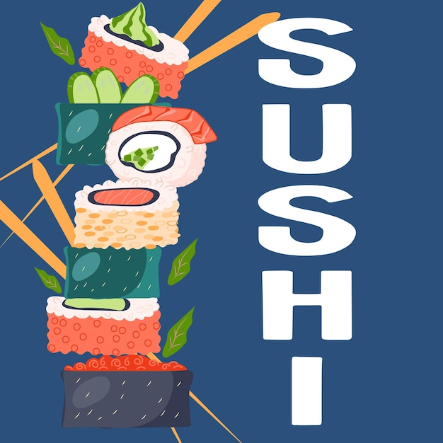 Japanese cuisine sushi color banner design flat vector illustration