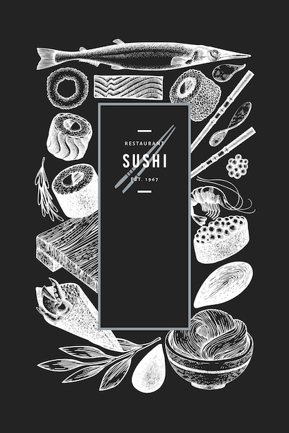 Modello di cucina giapponese. illustrazione disegnata a mano dei sushi sul bordo di gesso. cibo in stile retrò sian.