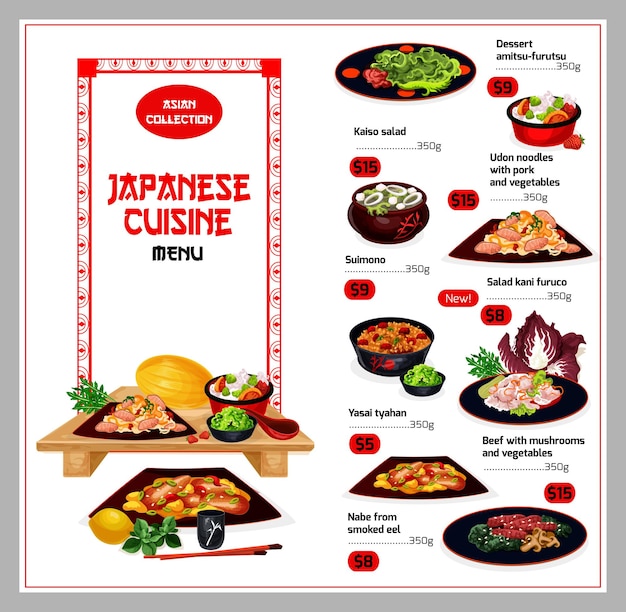 Vector japanese cuisine traditional dishes menu