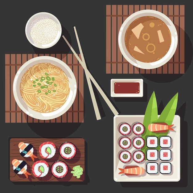 Japanese cuisine vector illustration set