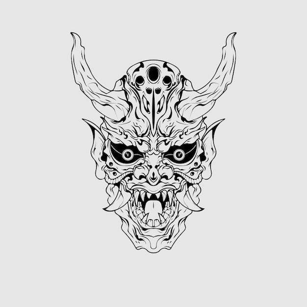 Vector japanese culture demon mask or oni mask with hand draw style on white background for print apparel