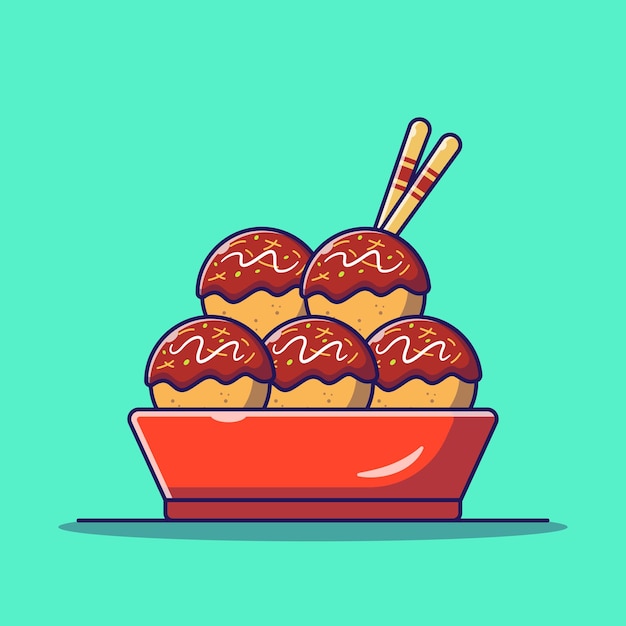 Japanese Delicious Takoyaki Octopus Balls in a Bowl Flat Icon   Illustration Isolated