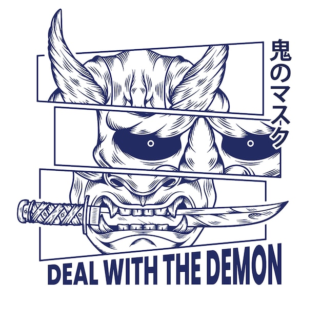 Vector japanese demon oni mask illustration t shirt design