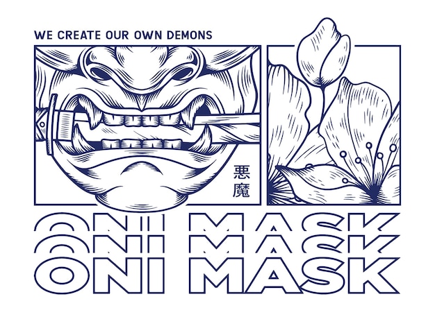 Vector japanese demon oni mask illustration t shirt design