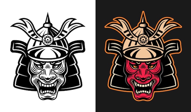 Японский демон-самурай в векторной иллюстрации шлема в двух стилях: монохромный на белом и красочный на темном фоне