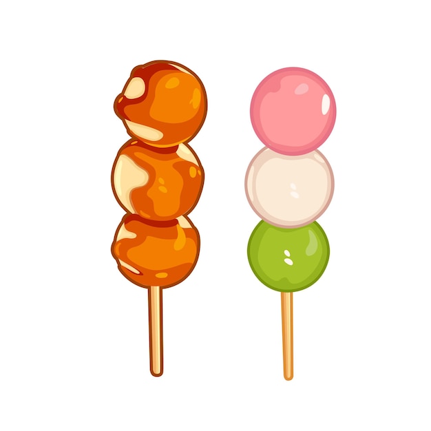 Japanese dessert dango in the form of three balls on a stick. Vector over white background