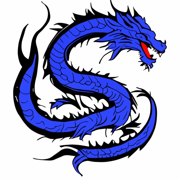 Vector japanese dragon tattoo blue ink illustration red highlights very detailed loose drawing noir feel