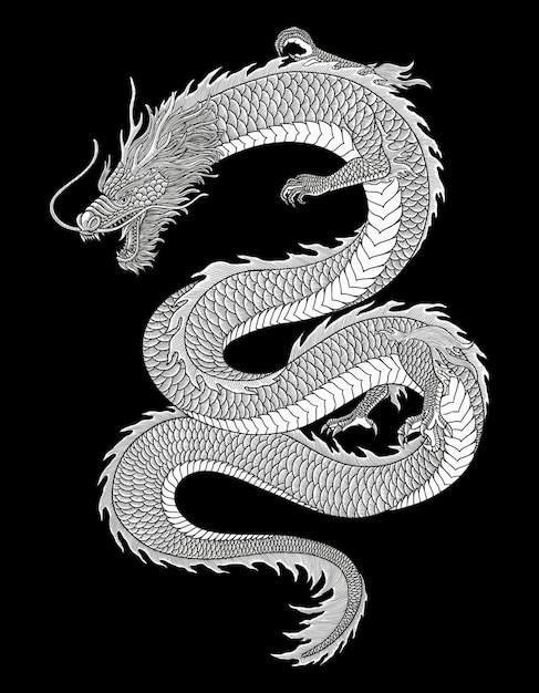 Japanese dragon vector vintage engraving drawing style illustration