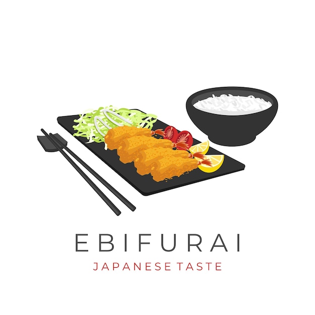 Vector japanese ebi furai illustration logo ready to eat and served with rice