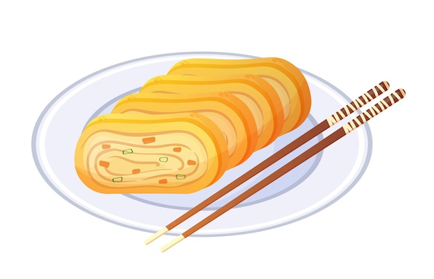 Японский яичный рулет на тарелке Азиатская еда в мультяшном стиле Векторная иллюстрация изолирована на белом
